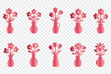 Pink red gradient flower bouquets in vases vector icons set illustration design