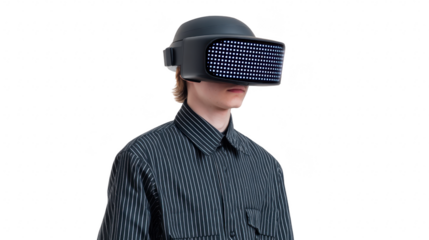 Young man wearing futuristic virtual reality headset, striped shirt, isolated on transparency background, experiencing immersive digital technology with focused expression
