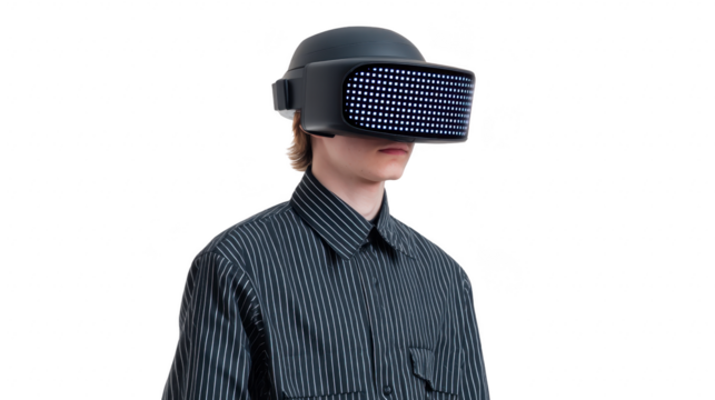 Young man wearing futuristic virtual reality headset, striped shirt, isolated on transparency background, experiencing immersive digital technology with focused expression
