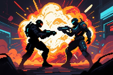 Cinematic Pixel Art Combat Scene Silhouette High Contrast.