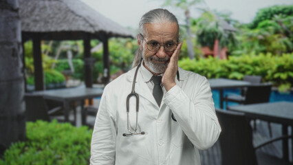 Man doctor touching cheek with stethoscope in hotel building poolside, pensive expression; weary compassion.