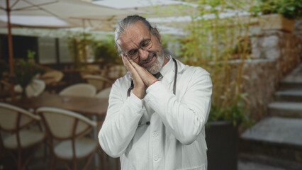 Man doctor in white coat with stethoscope hands clasped to cheek in building terrace outdoors;...