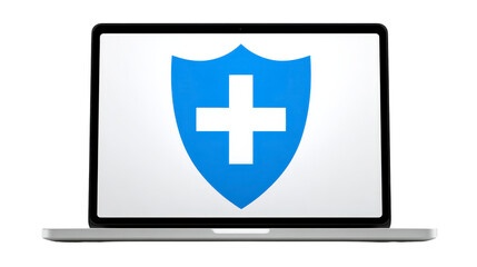 Fototapeta premium Laptop with blue shield and white cross symbol on screen, representing cybersecurity, data protection, and secure online access for safe internet use and digital privacy