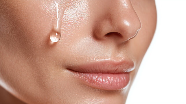 Close up of facial oil drop falling on radiant smooth skin, highlighting hydration and healthy complexion, with soft natural lips and glowing texture, evoking freshness and care