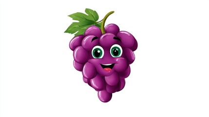 A cartoon bunch of purple grapes with eyes, a smile, and a leaf on a white background. A fun fruit character for children's projects and packaging.