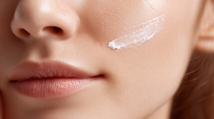 Cream cheek skin macro detail smooth beauty face texture closeup. Cream smoothing across cheek texture in macro detail showing smooth skin and beauty care closeup of face with soft natural light