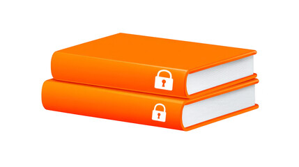 Stack of orange books with lock icon, symbolizing secure information, privacy, or protected knowledge, isolated on transparency background, modern design, education and data security concept