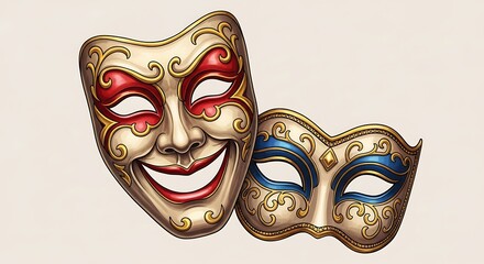 Two venetian carnival masks with golden ornaments isolated on white background, one with red details and the other with blue details, for a party or performance
