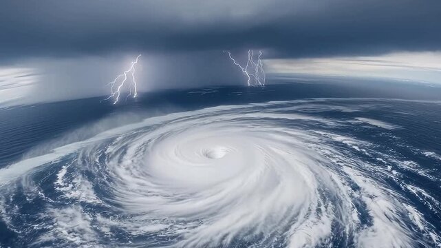 An awe-inspiring aerial view captures the immense power of a colossal storm system churning across the vast ocean. A well-defined eye is visible at the center of the spiraling white clouds, indicative