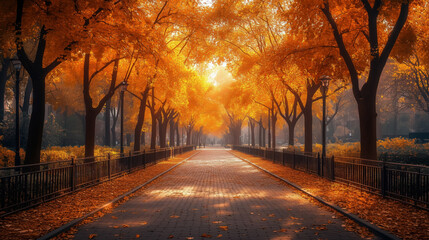 a pathway in an urban park with golden trees, peaceful fall morning walk