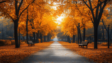 Fototapeta premium a pathway in an urban park with golden trees, peaceful fall morning walk