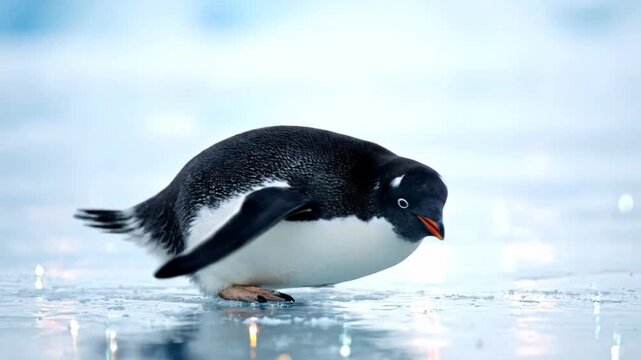 Ad&eacute;lie penguin sliding on ice and regaining balance, showcasing natural behavior in the Antarctic.