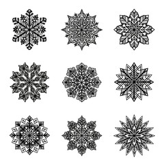 Collection of Artistic Snowflake Designs with Geometric Ornament and Frosty Pattern for Winter Season Elements with Detailed Line Art for Decoration and Backgrounds