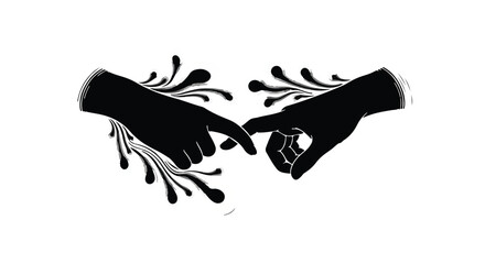 Obraz premium Two silhouetted hands reaching out, nearly touching, with abstract ink splatters.