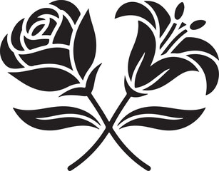 Silhouette of two crossed flowers with leaves