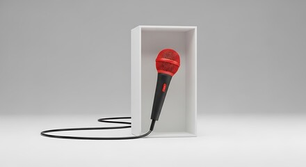 A red microphone stands in a white box isolated on a white background, symbolizing podcasting, recording, or broadcasting, with a focus on audio equipment and creative expression