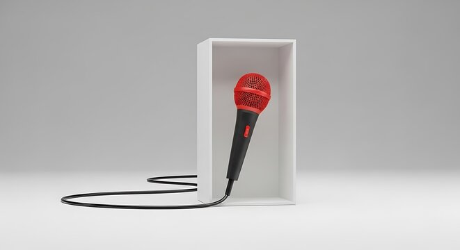 A red microphone stands in a white box isolated on a white background, symbolizing podcasting, recording, or broadcasting, with a focus on audio equipment and creative expression