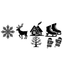Black and White Winter Icons Collection with Snowflake Reindeer Cottage Ice Skates Winter Tree and Gloves Festive Season Elements for Decoration and Design Vector Graphic