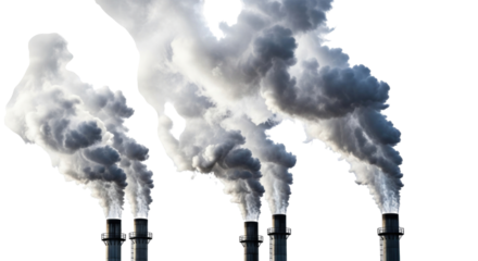 Industrial smoke stacks emitting white smoke transparent background cutout png