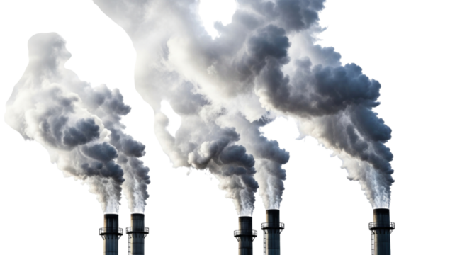 Industrial smoke stacks emitting white smoke transparent background cutout png - Powered by Adobe