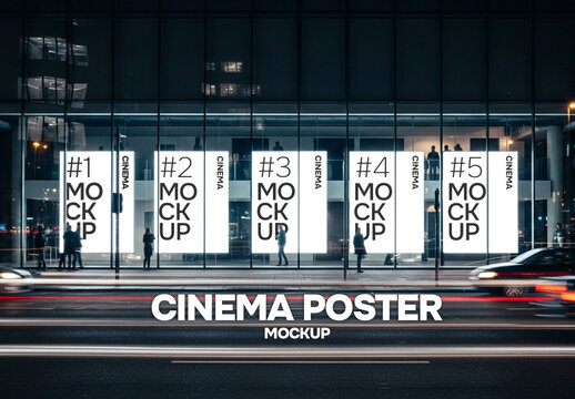 Outdoor cinema posters mockup on large glass modern building