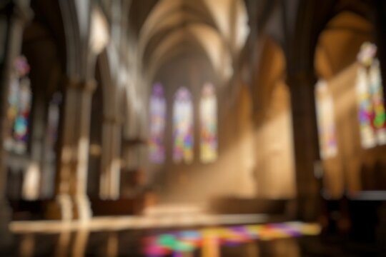 blurred photo of church interior for abstract background. The colorful light through stained glass window  - Powered by Adobe