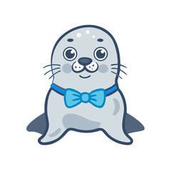 Obraz premium Cute cartoon seal with blue bow tie on white background