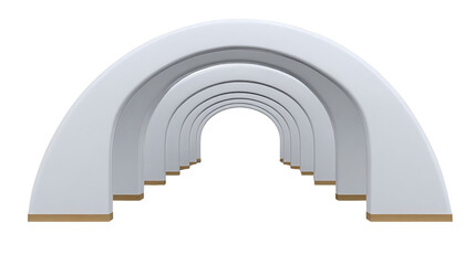 Fototapeta premium White arch structure with modern minimalist design, repeating geometric pattern, smooth surface, and wooden base, creating tunnel effect with clean lines and symmetry