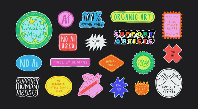 Set of colorful no AI sticker illustration. Retro style hand drawn doodle quote label collection, artificial intelligence text icon. Isolated flat cartoon clip art bundle for organic human art.