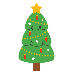 Christmas tree decorated with Christmas toys and garlands isolated on the background. Vector New Year and Christmas illustrations.