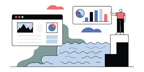Data Analysis Illustration: A contemporary illustration depicts a person analyzing dynamic data streams flowing from computer interfaces.