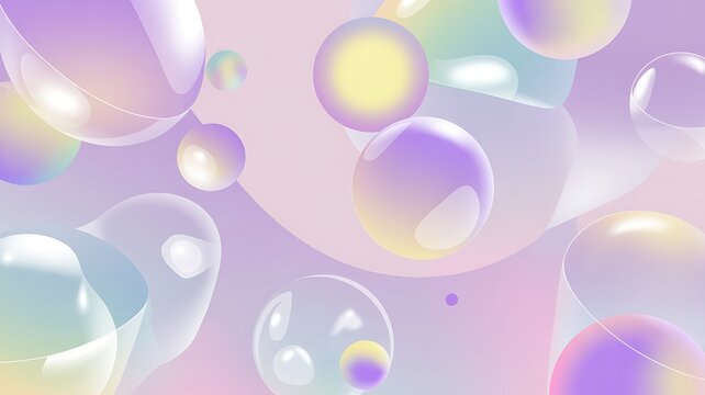 Abstract pastel iridescent bubbles and spheres floating in soft light