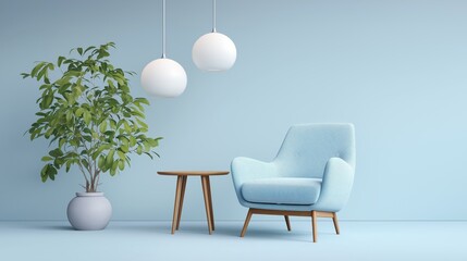 Light blue velvet armchair with lamps and plants in clean light blue living room, interior design