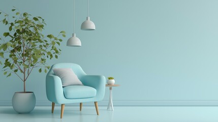 Light blue velvet armchair with lamps and plants in clean light blue living room, interior design