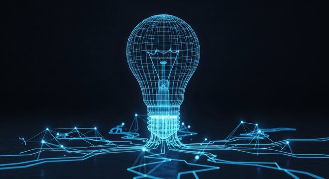 A glowing light bulb with a blue wireframe design, emitting a blue glow against a dark background.