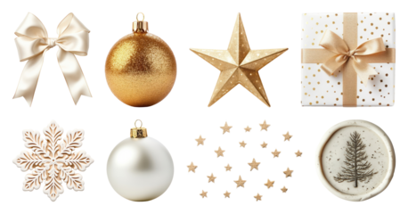 PNG Elegant gold and white Christmas decorations, element set on transparent background