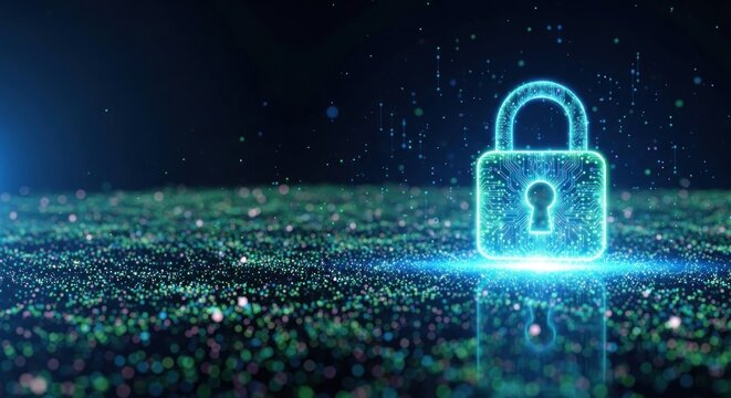 A glowing, futuristic padlock symbolizes security and protection.