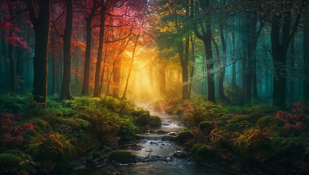 For&ecirc;t au feuillage jaune et automnal, o&ugrave; chaque arbre &eacute;claire la nature. Un ruisseau traverse le bois, offrant un paysage paisible baign&eacute; de lumi&egrave;re en cette saison.