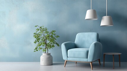 Light blue velvet armchair with lamps and plants in clean light blue living room, interior design