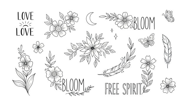 Bohemian Floral: Delicate line art featuring blooming flowers, crescent moon, and butterflies evokes feelings of love and free spirit, creating a whimsical and enchanting composition. - Powered by Adobe