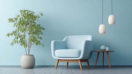 Light blue velvet armchair with lamps and plants in clean light blue living room, interior design