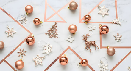 Rose gold Christmas ornaments marble flat lay