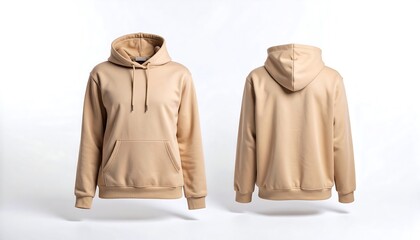 Beige hoodie mockup from front and back view, a blank template for a new fashion catalog or clothing collection