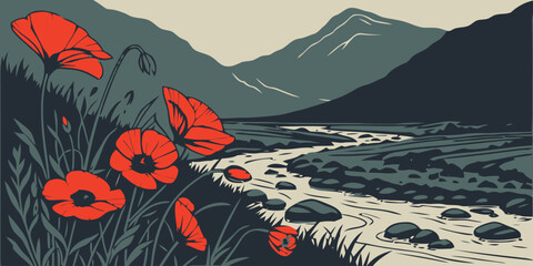 Fototapeta premium Poppy Landscape: A captivating illustration featuring vibrant red poppies, nestled in lush greenery, framing a serene river winding through a majestic mountain landscape.