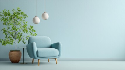 Light blue velvet armchair with lamps and plants in clean light blue living room, interior design