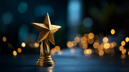 Shiny golden star trophy standing prominently faceless achievement symbol defocused dark blue surface with glittering bokeh lights background corporate recognition employee app