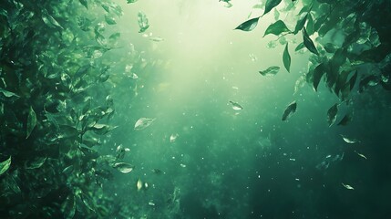 Fototapeta premium Lush green foliage frames falling leaves in a softly lit natural environment