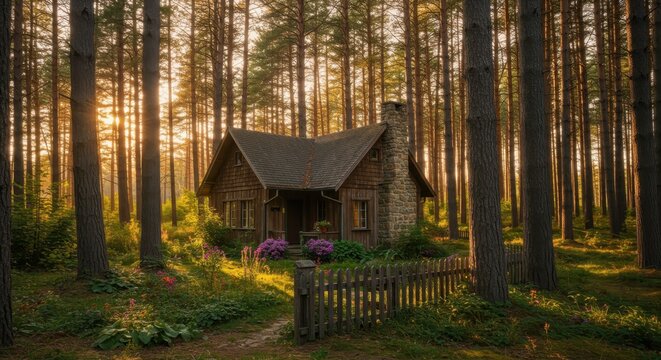 Rustic wooden cabin nestled deep within a dense pine forest bathed in warm sunlight
