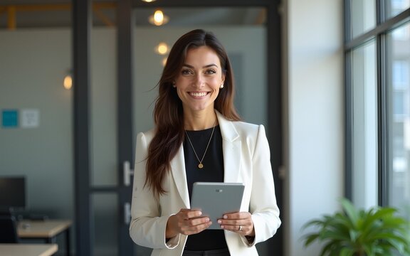 Portrait of young Hispanic professional business woman standing in office. Happy female company executive, smiling businesswoman entrepreneur corporate leader manager looking at camera using tablet