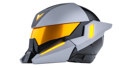 Futuristic helmet with sleek silver and black design, orange visor, and angular details, suitable for science fiction, cosplay, or advanced technology themes, conveying bold and dynamic look
